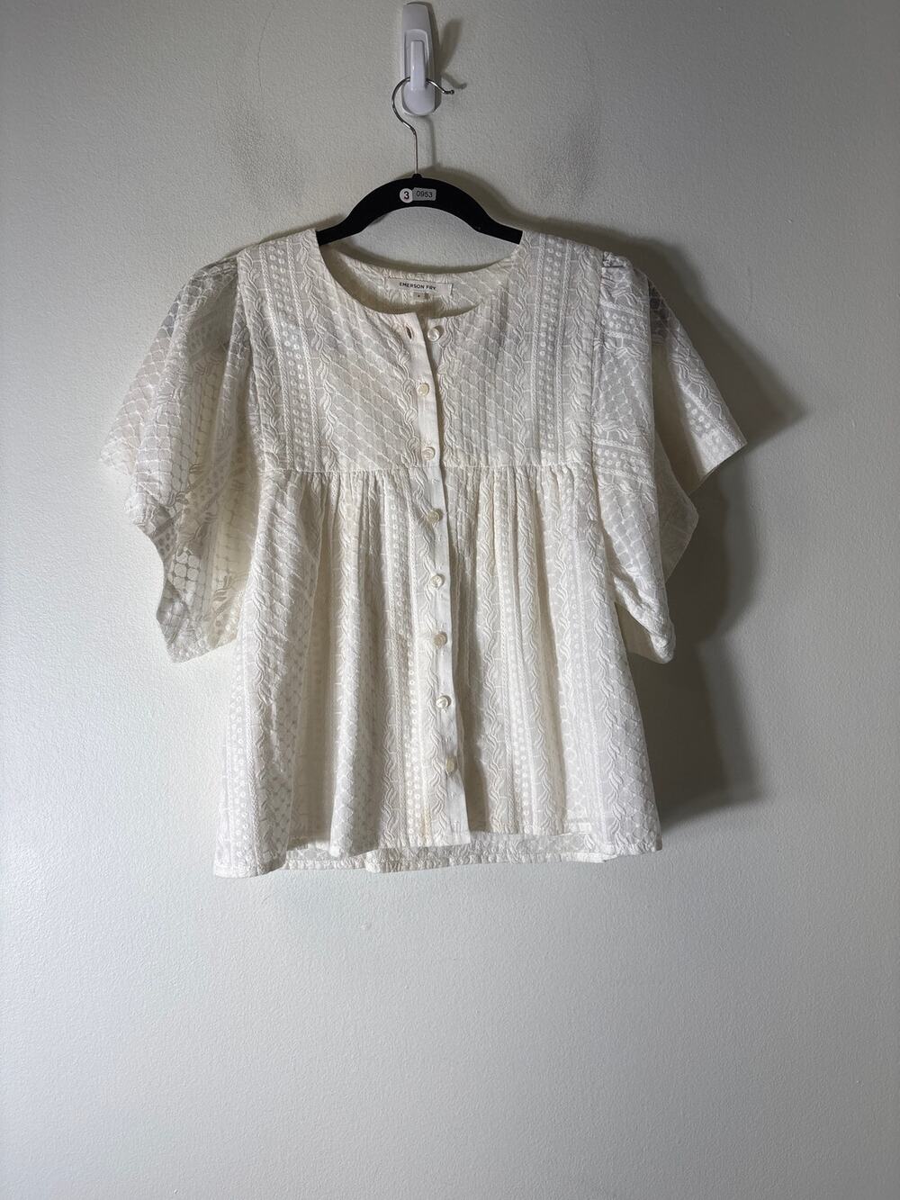 Emerson Fry Cream Embroidered Short Sleeve Swing Top Sz S